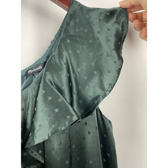 Madewell Emerald Green Silk One Shoulder Ruffle Dotted Mini Lined Dress Size 0 - Picture 3 of 7